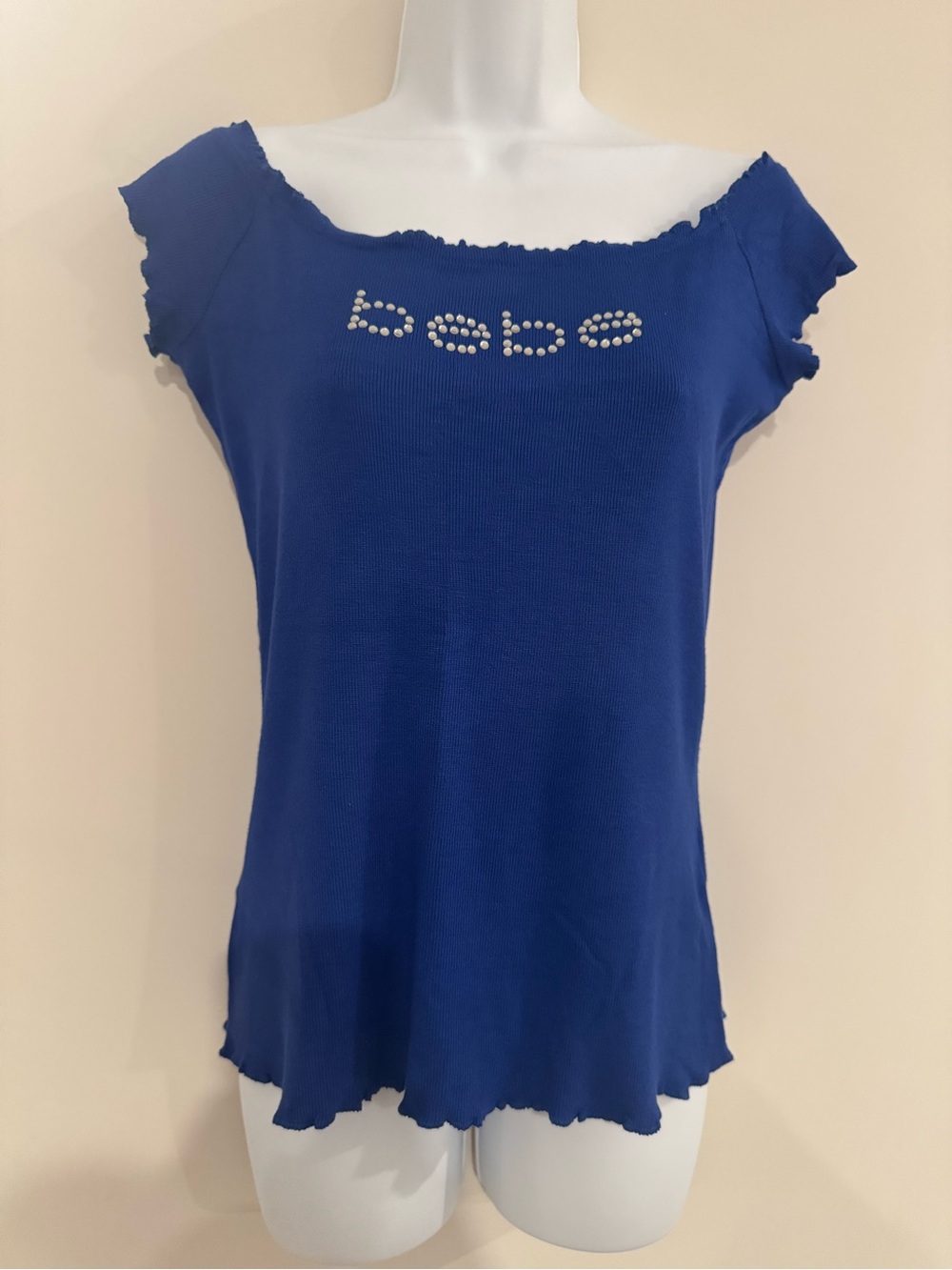 Y2K Bebe Blue Ribbed Off-Shoulder Logo Top